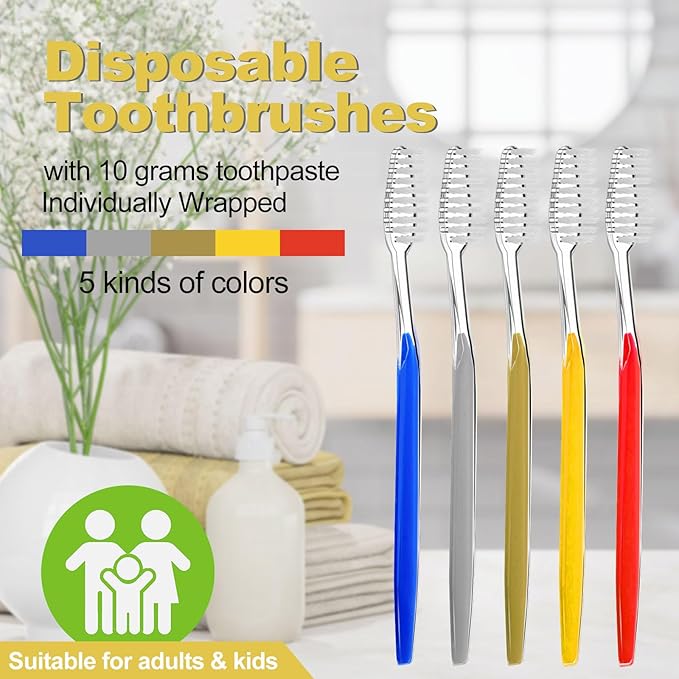 Disposable Toothbrushes with Toothpaste Individually Wrapped 5 Colors Bulk Toothbrush and Toothpaste 10g for Homeless,Shelter,Air Bnb/Hotel/Guest Apartment (200)