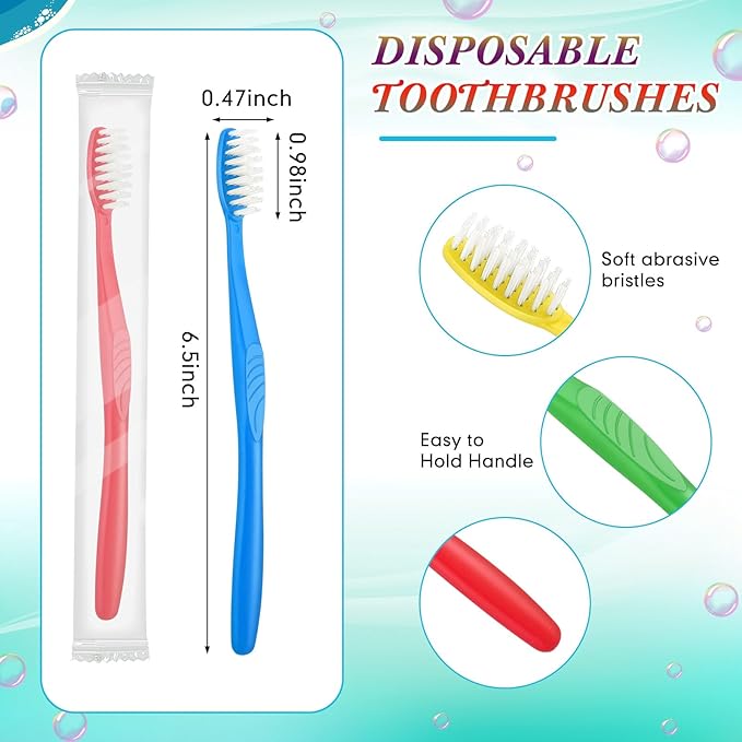 Tioncy 500 Pieces Disposable Toothbrushes Individually Wrapped Toothbrushes Bulk Soft Bristle Tooth Brush Travel Manual Brush for Adults Camping Homeless Office Dental Care
