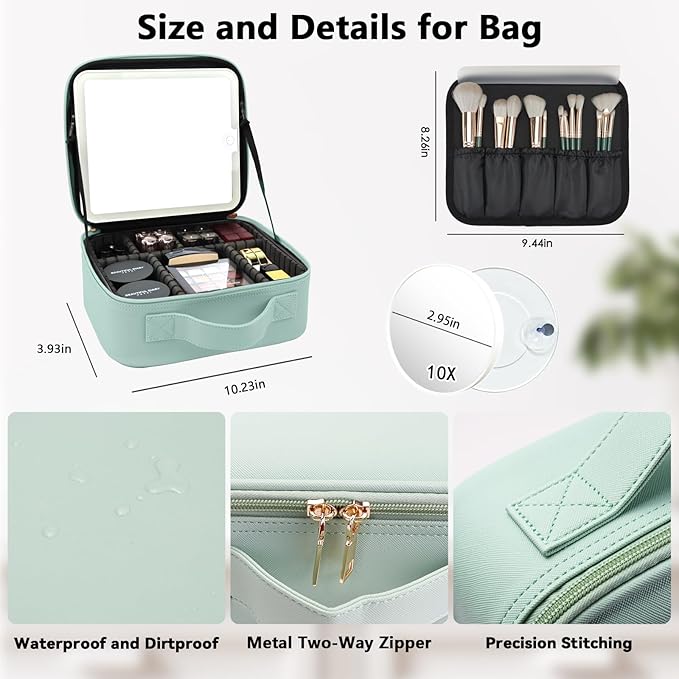 SLUMAZI Travel Makeup Bag with LED Mirror and 10x magnifying glass with 3 Lighted Settings, Adjustable Dividers and Makeup Brush Storage Bag Light Green