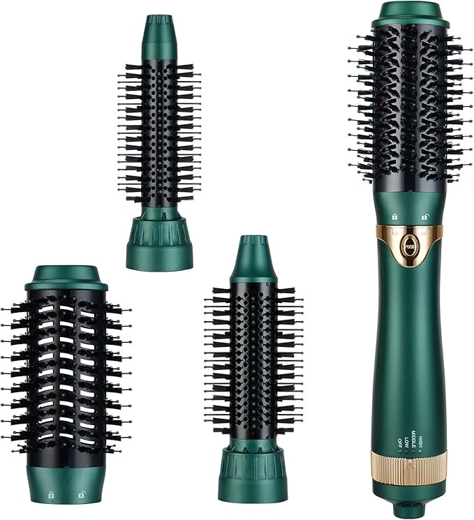 3 in 1 Hair Dryer & Volumizer, Ceramic Negative Ion Curling Dryer Styler with 3 Interchangerable Brush Heads (Green)