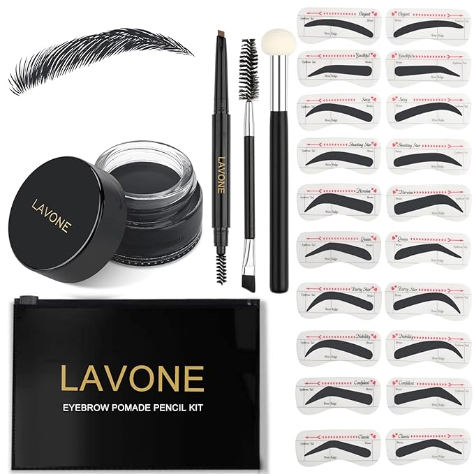 LAVONE Eyebrow Stamp Stencil Kit, Brow Stamp Trio Kit with Waterproof Eyebrow Pencil, Pomade, 20 Eyebrow Stencils, Dual-ended Eyebrow Brush and Sponge Applicator - Granite
