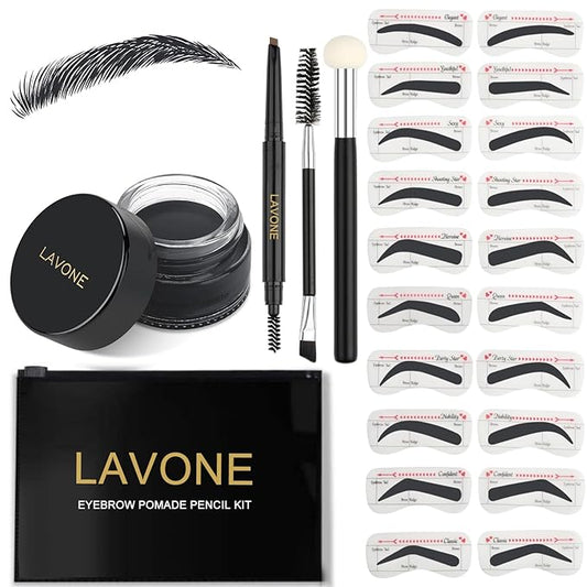 LAVONE Eyebrow Stamp Stencil Kit, Brow Stamp Trio Kit with Waterproof Eyebrow Pencil, Pomade, 20 Eyebrow Stencils, Dual-ended Eyebrow Brush and Sponge Applicator - Granite