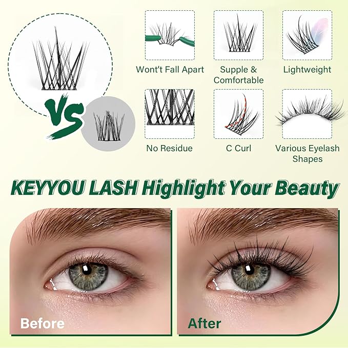 KEYYOU LASH Lash Clusters Kit Manga Lashes 8-18mm C Curl Wispy Lash Clusters Ultra-Thin Natural Lashes with Spike Eyelash Extensions 144pcs Fairy False Eyelashes with Remover Bond and Seal（F03 Kit）