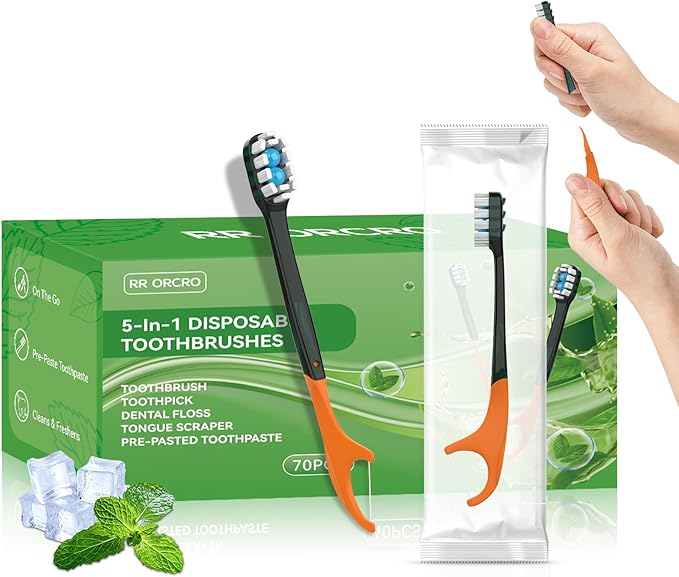 70Pack Disposable Toothbrushes with Toothpaste + Pick + Floss + Tongue Scraper 5-in-4 Mini Prepasted Travel Toothbrush for Hotel Camping Flight Car Single Use Portable Individually Wrapped | Mint