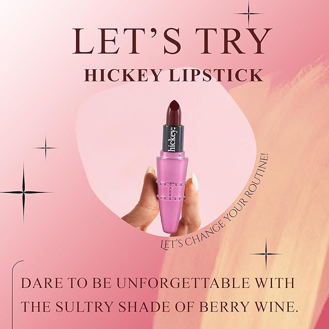 Hickey Lipstick Set, Big Trouble (Berry Wine), Refillable Silver Case with Chain, Satin Pouch & Ribbon (Wearable Necklace), Long Lasting Hydrating Velvet Finish Lipstick for Women, Vegan & Gluten-Free