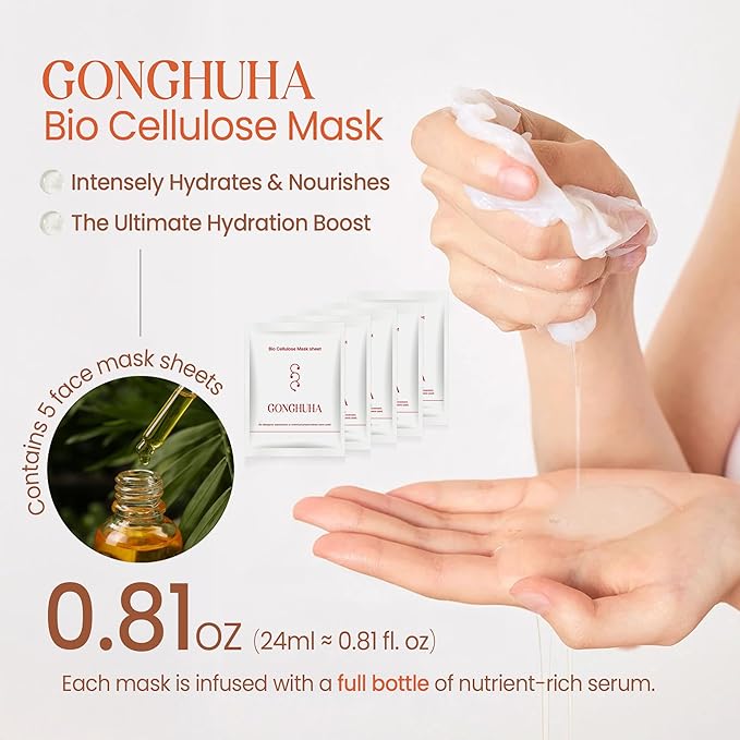 GONGHUHA Korean Bio Cellulose Face Mask Sheet for Deep Hydrating, Soothing, and Refreshing Skin – Facial Mask for Women and Men, Self-Care Sheet Mask for All Skin Types (5 Sheet)