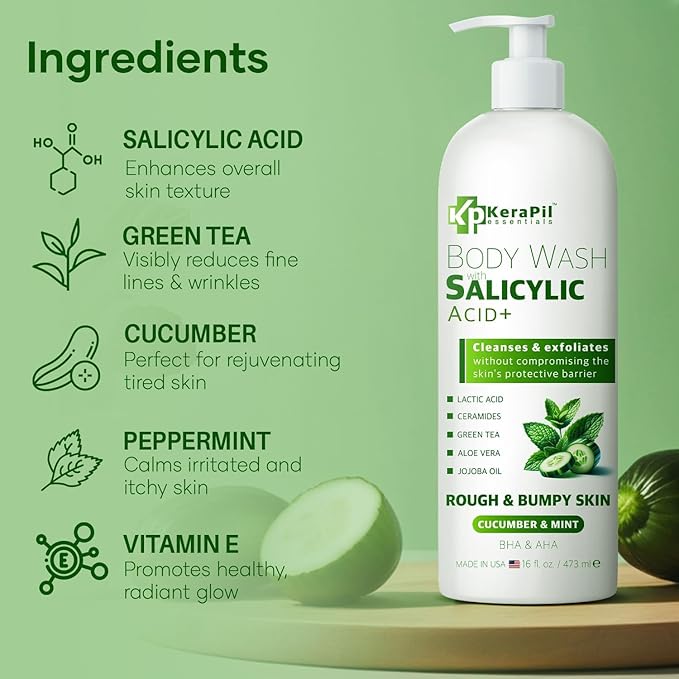 KERAPIL Exfoliating Body Wash with Salicylic Acid - No Dry Out, Gentle Exfoliates Rough and Bumpy Skin, Body Acne Wash, BHA & AHA - Cucumber and Mint Salicylic Acid Body Wash - (16 fl oz x 2)