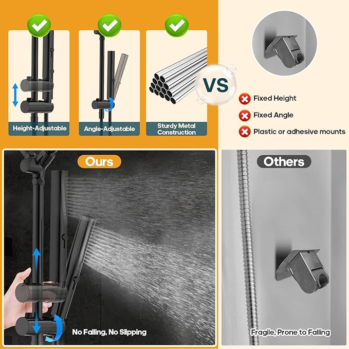 Hombeter Shower Heads with Handheld Combo, 10 Inch High Pressure Rain Shower Head, Height Adjustable Dual 2 in 1 Shower Head System with Stainless Steel Hose, Matte Black