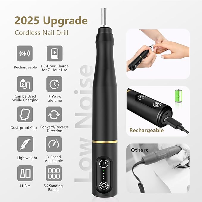 Cordless Nail Drill Electric Rechargeable File Kit, Professional Efile Acrylic Gel Nail Polish Remover Pedicure Manicure Machine Portable Set with 11 Bits 56 Sanding Bands (Black)