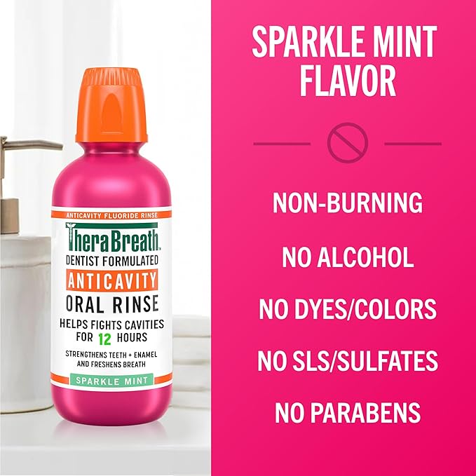 TheraBreath Anticavity Fluoride Oral Rinse Mouthwash, Fights Cavities, Strengthens Enamel and Freshens Breath, Dentist-Formulated, Alcohol-Free, Sparkle Mint Flavor, 16 fl oz, Pack of 2