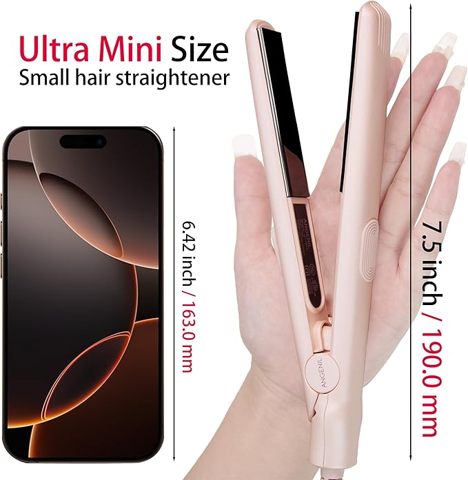 ANGENIL Ultra Mini Hair Straightener Flat Iron for Short Hair, Dual Voltage Small Hair Straightener and Curler 2 in 1, Portable Mini Flat Iron for Short Edges, Front Bangs, 3 Temp (280℉-320℉-380℉)