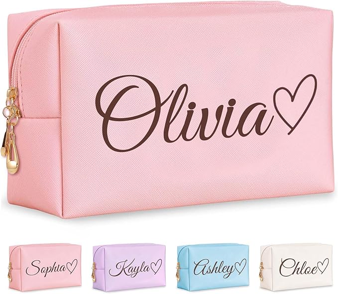 Fincekoom Valentines Day Gifts for Her Teen Girls, Personalized Makeup Bag with Name & Birth Flower, Custom Leather Cosmetic Bags for Women, Customized Travel Toiletry Bag Gifts for Bridesmaid Wedding