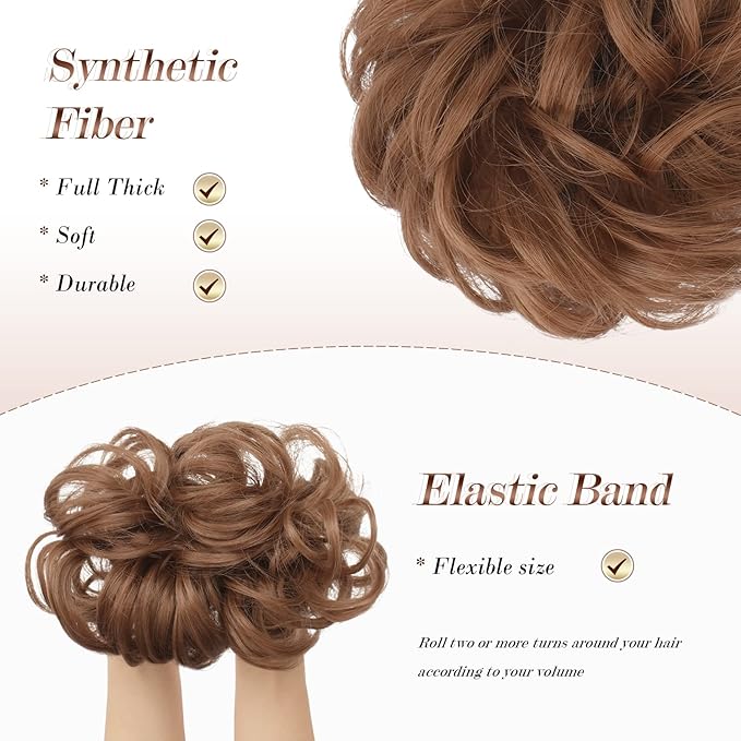 FESHFEN Large Messy Bun Hair Piece - Wavy Synthetic Chignon Scrunchies Elastic Ponytail Hair Extensions Thick Hairpieces for Women, Copper Brown 1.94oz