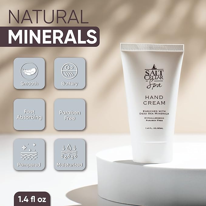 Salt Cellar Spa Dead Sea Mineral Hand Cream, Moisturizer Lotion for Dry, Cracked Skin Enriched with Glycerin, Olive Oil, Paraben Free, Fast Absorbing, Travel Size 1.4 FL oz (40 ml)