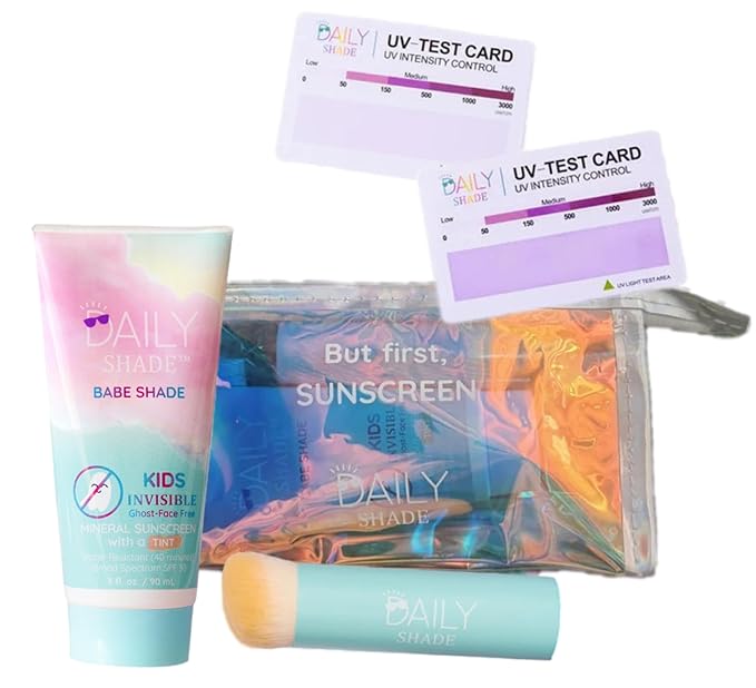 Daily Shade Kid's Sunscreen Starter Kit – Tinted Mineral Sunscreen for Face & Body with SPF 30, Shade Brush, Travel Bag & UV Card – Non-Nano Zinc, Reef Safe, Water Resistant & Hypoallergenic Skin Care