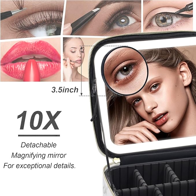 Jadazror Makeup Bag with Mirror and Light, Makeup Case with Lighted Mirror, Travel Makeup Bag with Light up Mirror 3 Color Lights, Makeup Organizer Bag with Adjustable Dividers & Brush Holder(Marble)