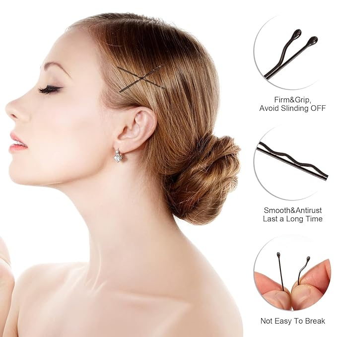 2" Bobby Pins in case - 400 Pcs Brown Hair Pins Clips Bulk for Women - Mini Strong Hold Bun Pins for All Hairstyle (Thin/Thick/Curly/Straight) - Hair Accessories for Styling, Updos, Daily Use