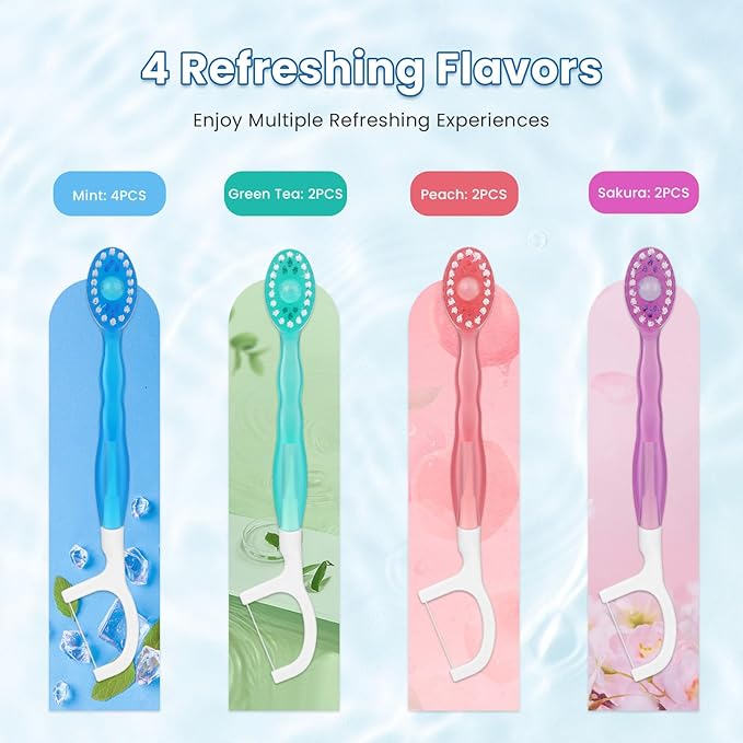 10Pack Disposable Toothbrushes with Toothpaste 5-in-1 Mini Travel Toothbrush with Tongue Scraper + Floss + Pick Individually Wrapped Prepasted Portable On The Go Toothbrush for Work Travel, 4 Flavors