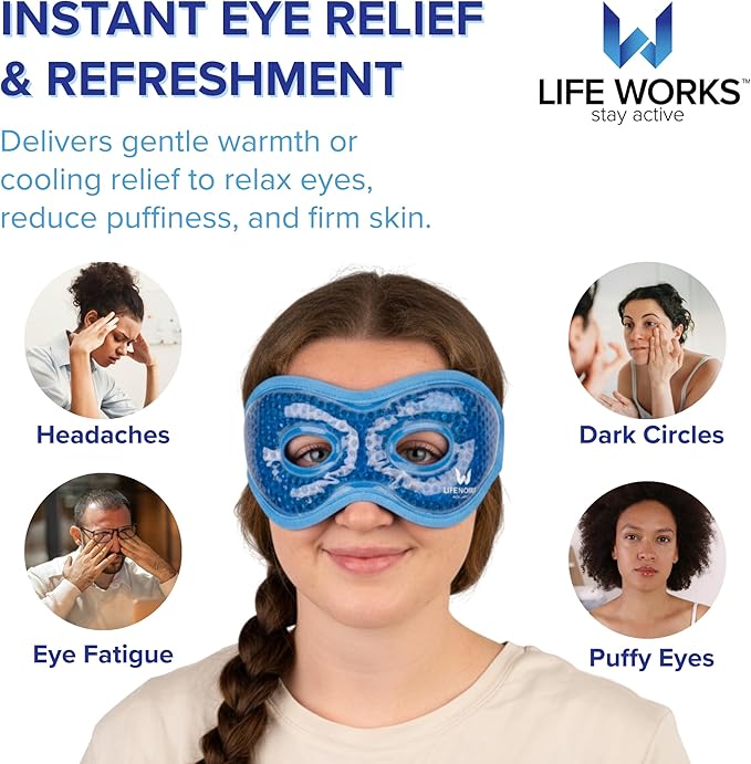 LIFE WORKS Gel Eye Mask with Cutout, Hot or Cold Therapy for Puffy Eyes, Dark Circles, Headaches, and Migraines, Soft Gel Beads and Liquid Filling for Cooling or Warming Comfort