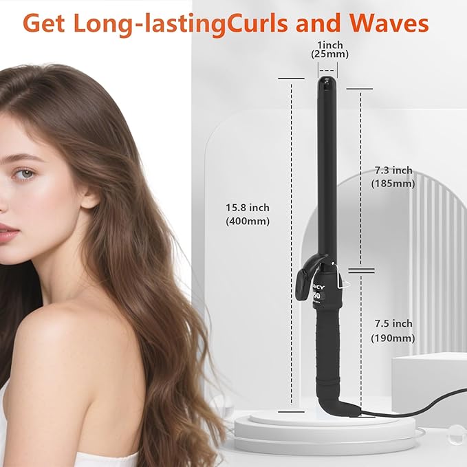 1 Inch Curling Iron - Ceramic Curling Iron, Fast Heat Function LCD Display 180°F-450°F Adjustable, Long Lasting Beach Waves, Dual Voltage Curler, Heat Resistant,Black