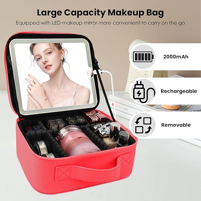 SUILU Travel Makeup Bag with LED Mirror and Light Makeup Travel Bag Organizer Portable Cosmetic Brush Organizer Bag with Adjustable Dividers for Cosmetics Makeup Brushes Toiletry (Light Red)