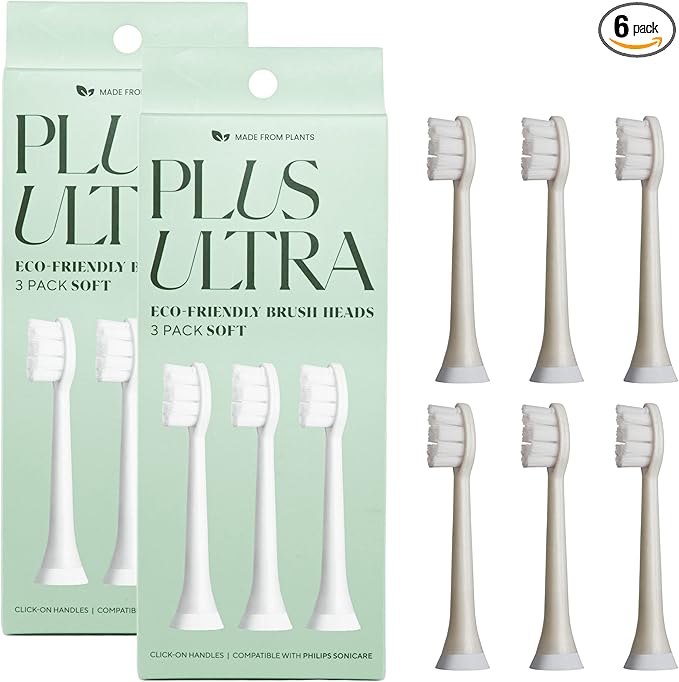 Plus Ultra Eco Friendly Toothbrush Replacement Heads 6 Pack | Designed for Sonic Powered Electric Toothbrushes | Made with Recycled Plastic | Soft Toothbrush for Sensitive Teeth