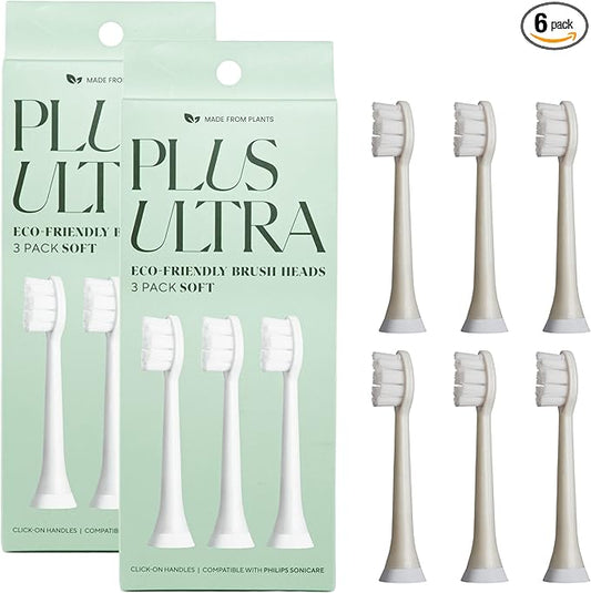 Plus Ultra Eco Friendly Toothbrush Replacement Heads 6 Pack | Designed for Sonic Powered Electric Toothbrushes | Made with Recycled Plastic | Soft Toothbrush for Sensitive Teeth