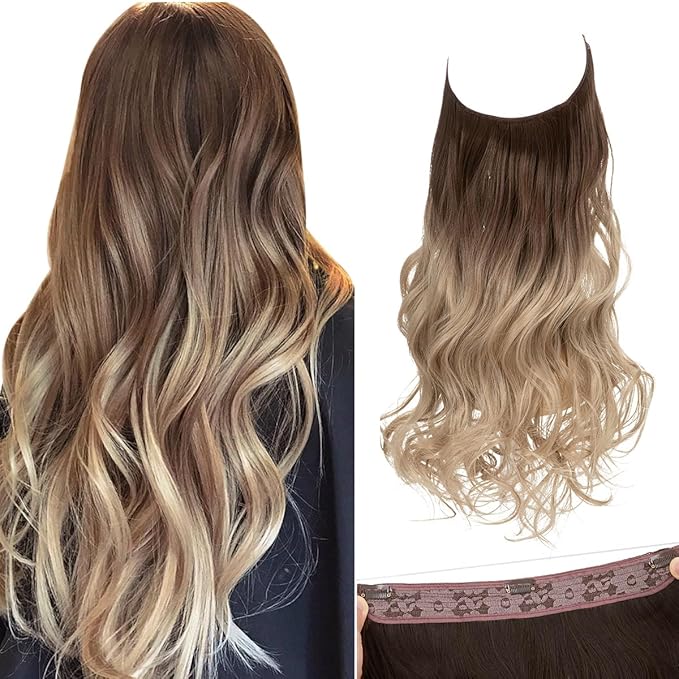 SARLA Ombre Invisible Wire Hair Extensions with 3 Clips Short Synthetic Wavy Curly Hairpiece Adjustable Transparent Headband for Women 14 Inch Brown to Ash Blonde