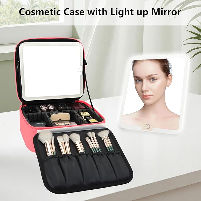 SLUMAZI Travel Makeup Bag with LED Mirror Travel Makeup Organizer with 3 Lighted Settings, Adjustable Dividers and Makeup Brush Storage Bag Light Red