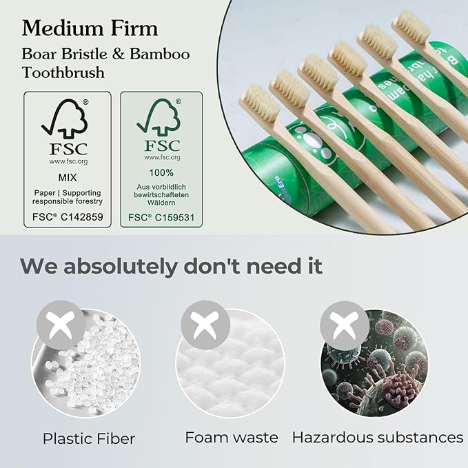 Boar Bristles & Bamboo Toothbrush, Premium Boar Bristle Toothbrush for Adult, Plastic & Nylon Free, Eco-Friendly Natural Biodegradable Compostable Bamboo Tooth Brushes 6 Pack