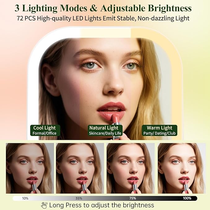 FUNTOUCH 30X Magnification Lighted Makeup Mirror, 7" Rechargeable Double Sided Travel Vanity Mirror with Lights, 3 Color Lights & Adjustable Brightness, 300°Rotation, Gift for Women,White