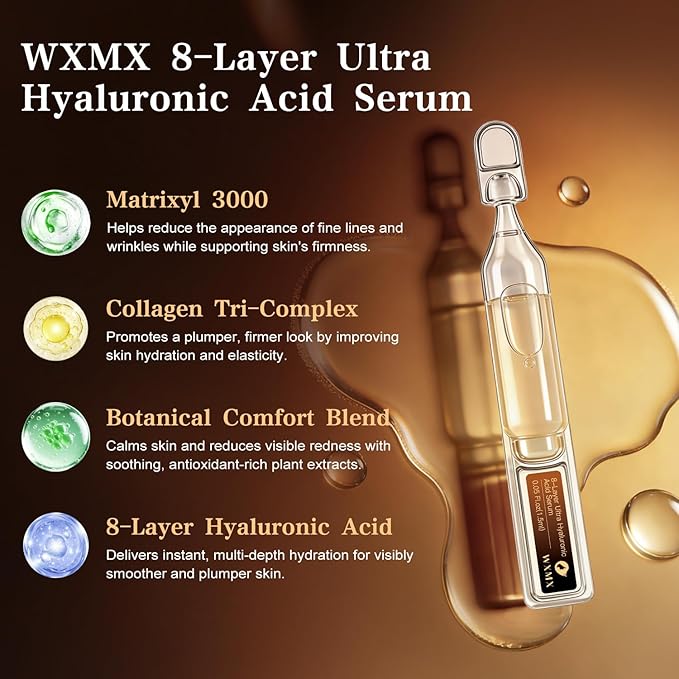 WXMX Ultra Hyaluronic Acid Serum–8 HA Forms for Multi-Layer Hydration&Anti-Aging Firmness Support, Matrixyl 3000, Collagen Tri-Complex, Peptide Repair Fusion&Botanical Extracts (0.05 Fl.oz x 30e)