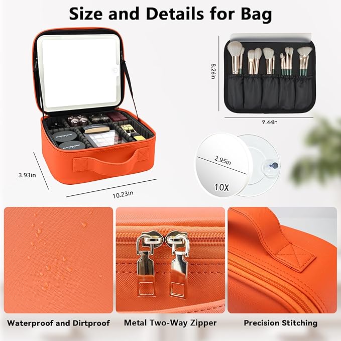 SLUMAZI Travel Makeup Bag with LED Mirror and 10x magnifying glass with 3 Lighted Settings, Adjustable Dividers and Makeup Brush Storage Bag Orange