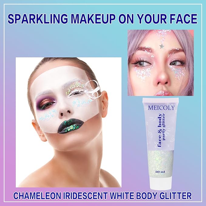 MEICOLY Chameleon Iridescent White Body Glitter,Holographic Face Glitter Paint Ice Themed Aerial Performance,Self-Adhesive Color Changing Mermaid Face Glitter,Opal Glitter for Hair,Festival Party