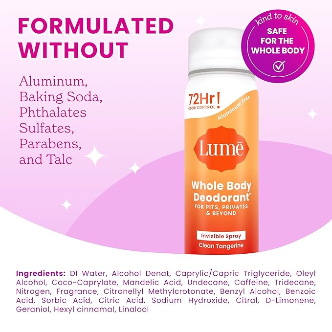 Lume Invisible Spray Deodorant For Women Two Pack - Full Size & Mini Whole Body Deodorant Spray - 72 Hr Odor Control - Aluminum & Baking Soda Free - 2 Piece Bundle - 3.6 oz & 1.0 oz (Clean Tangerine)