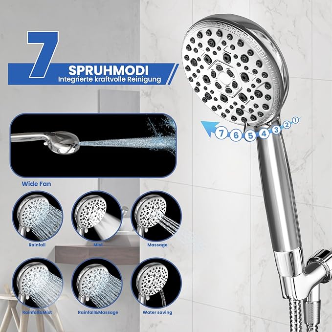 Shower Head with Handheld, Shower Heads High Pressure, Shower Head with Filter-Hand Held Showerhead Set,7 Modes Filtered Showerhead with 59″Replacement Hose/Bracket/Filters (Chrome)