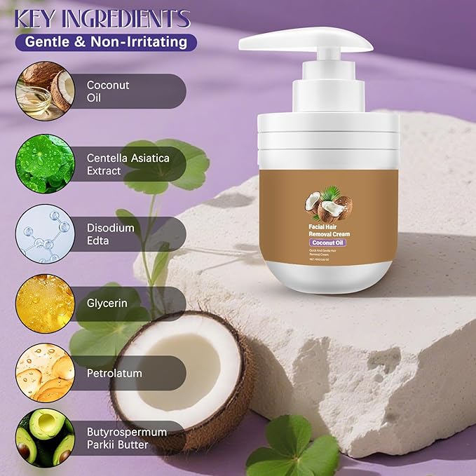 ROSINO Coconut Oil Facial Hair Removal Cream, Facial Hair Removal Cream for Women, ROSINO Facial Depilatory Creams, Coconut Oil Based Gentle Body Hair Remover Creams for Smooth Skin
