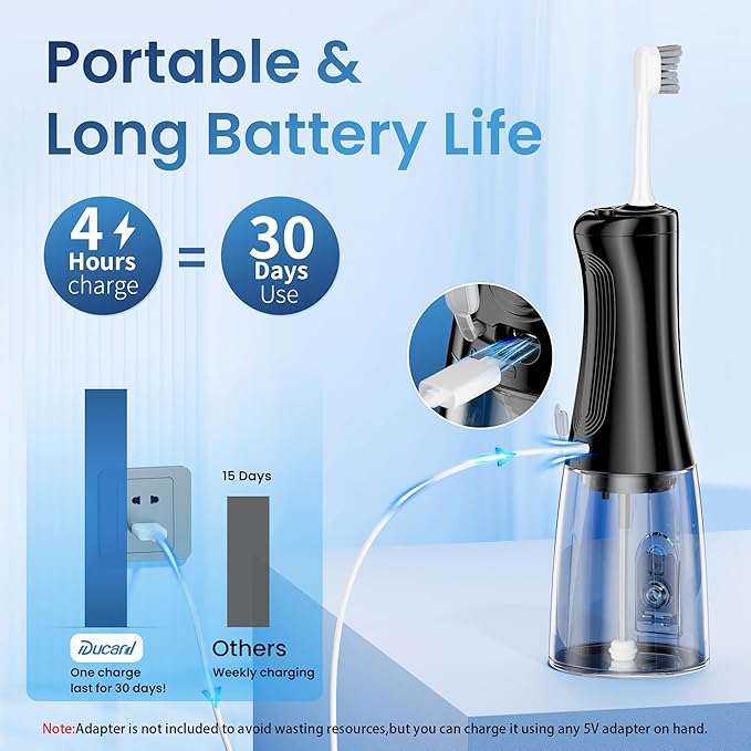 Ducard Cordless Water Flosser for Teeth, U-Shaped Flossing 360° Deep Clean, 5 Modes 7 Jet Tips for Adult & Child, Portable Rechargeable Dental Flosser Pick for Braces, Travel, 350ML Large Tank