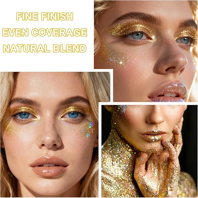 Roll-on Holographic Body Glitter Gel for Face and Hair, Chameleon Color Changing Glitter Gel Under Light, Chunky Mermaid Sequins Shimmer Makeup for Halloween Party Rave Accessories (Gold)