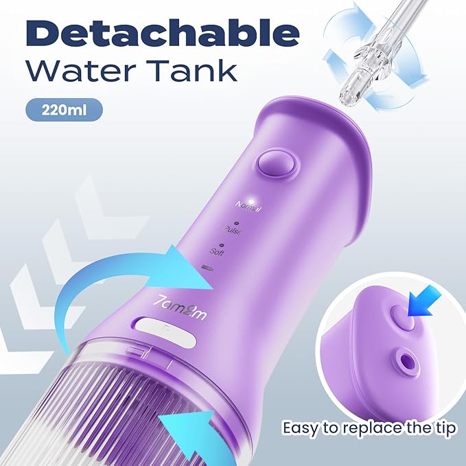 7AM2M Portable Cordless Water Flosser, Oral Irrigator with 3 Modes & 2 Tips, Fast Rechargeable, IPX7 Waterproof, Dental Water Flosser for Travel and Home Use (Purple)