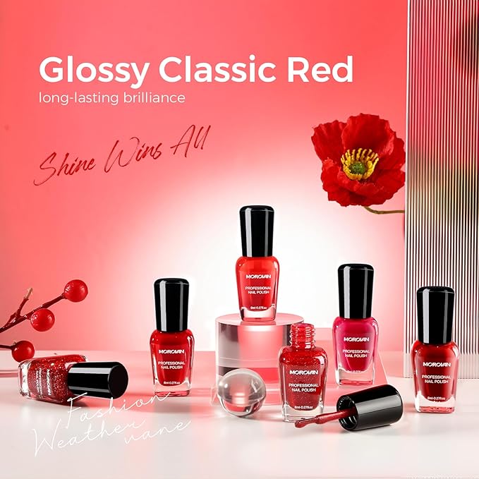 Morovan Red Nail Polish Set: Glitter Bright Burgundy Cherry Red Fingernail Polish Kit Shimmer Sparkle Air Quick Dry Nail Polish Pack for Manicure Holiday Party Valentine's Day Gift for Women Girls