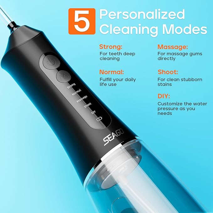 SEAGO Water Dental Flosser Cordless for Teeth, 5 Modes and 7 Nozzles, Dental Water Flosser 300mL, DIY Mode Memory Function, IPX7 Waterproof Dental Flosser, SG8019 Black