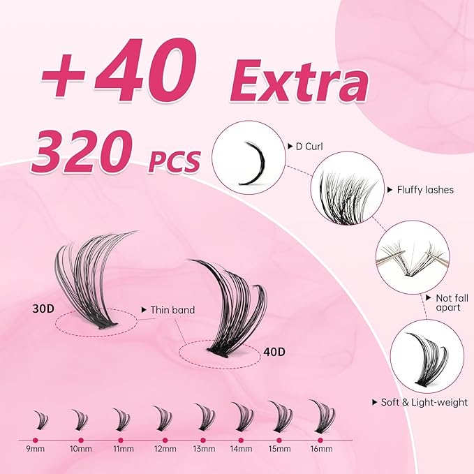 Lash Clusters 30D+40D 320pcs Eyelash Clusters 9-16mm Wispy Individual Lashes D Curl Cluster Eyelash Extensions DIY Lash Extension for Self（LD12）