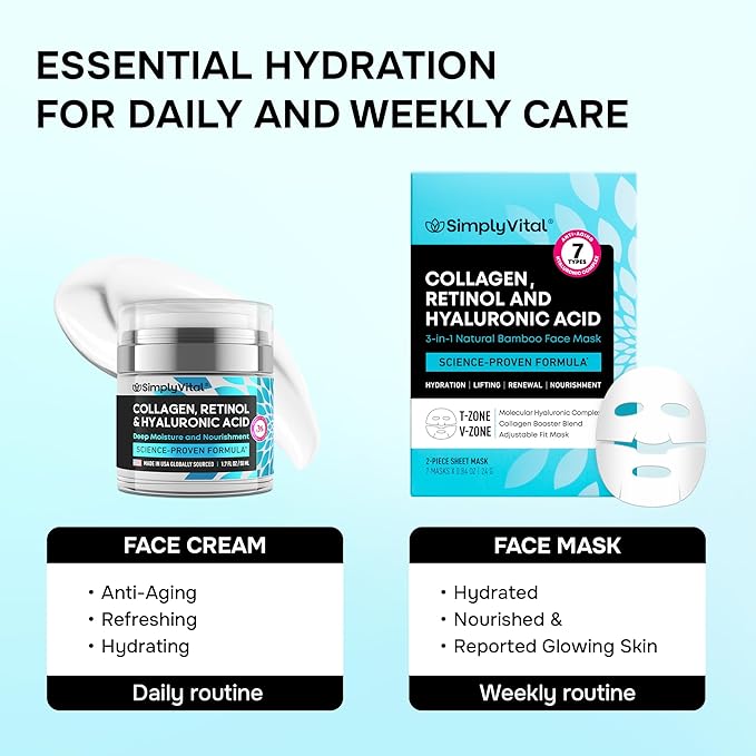 SimplyVital Collagen Cream & Collagen Face Mask Bundle – Anti-Aging Moisturizer for Face, Neck & Décolleté - Bamboo Sheet Mask for Hydration & Skin Care - Retinol, Collagen & Hyaluronic Acid
