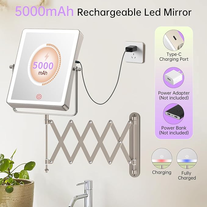 FASCINATE 5000mAh Rechargeable Wall Mounted Makeup Mirror with Lights, 8.7 Inch Double Sided Touch Switch 1X 30X Magnifying Bathroom Mirror, 3 Color Lights, Extended Arm 360°Rotation (Nickel)
