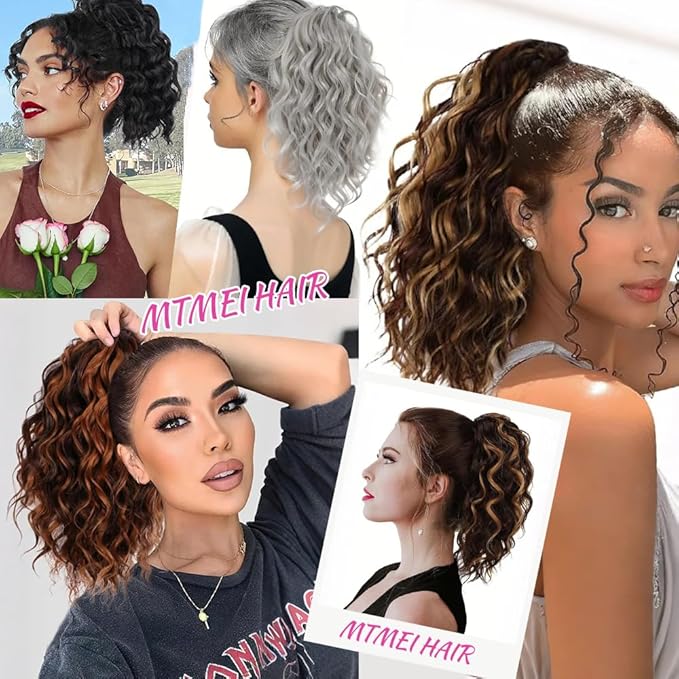 Short Deep Wave 10 Inch Drawstring Ponytail for Women Curly Ponytail Hair Extension Curly Deep Wave Hair Ponytail for Daily Use(P4/27)