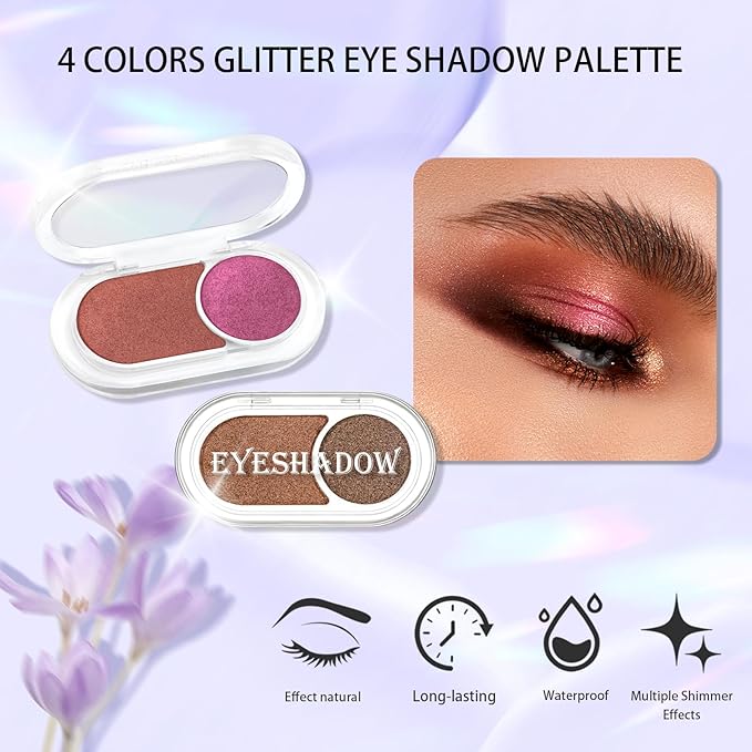 2Pcs Red Glitter Eyeshadow Palette, Rose Double Colors Sparkling Eye Shadow Palette, High Pigment Single Eyeshadow, Blendable & Smooth Eye Makeup for Women, Brownish Red & Roses Pink