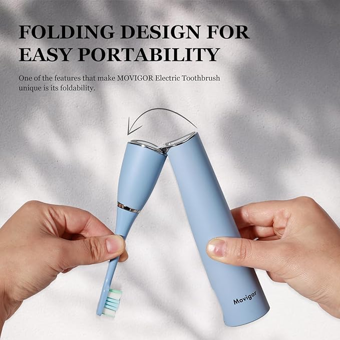 Foldable Electric Toothbrush for Adults – Dual UV Sanitization, 272 Sonic Modes, USB-C Rechargeable, 4 Brush Heads, Leather Travel Case, Portable Blue Toothbrush