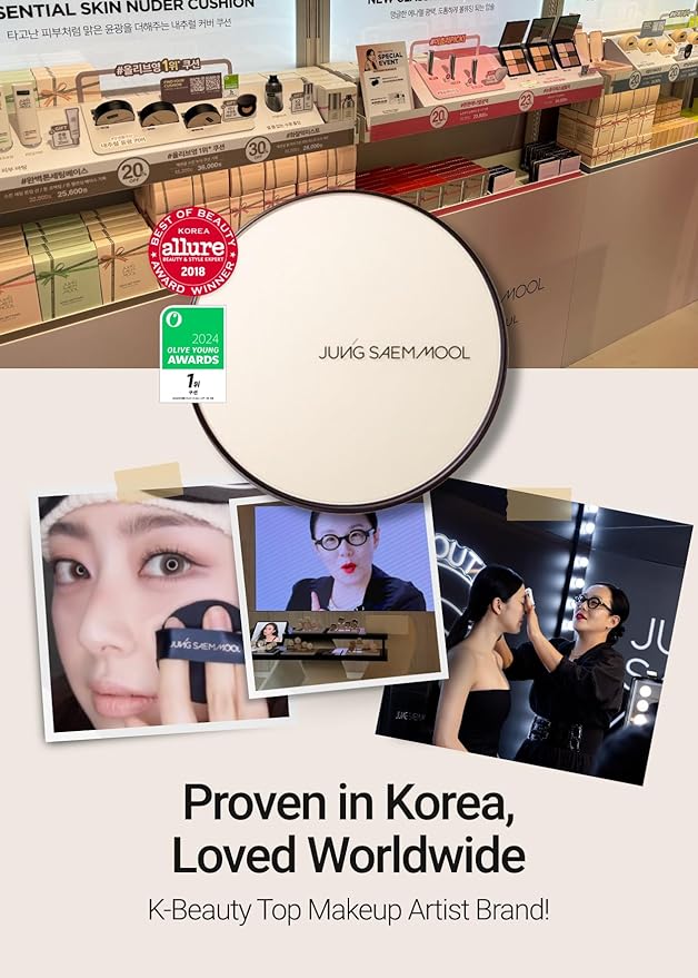 JUNG SAEM MOOL Essential Skin Nuder Cushion | Natural Finish, Buildable Coverage Cushion Foundation by Korean Makeup Artist (Refill Included, 0.98 Fl Oz, SPF 50), 19 N-Light