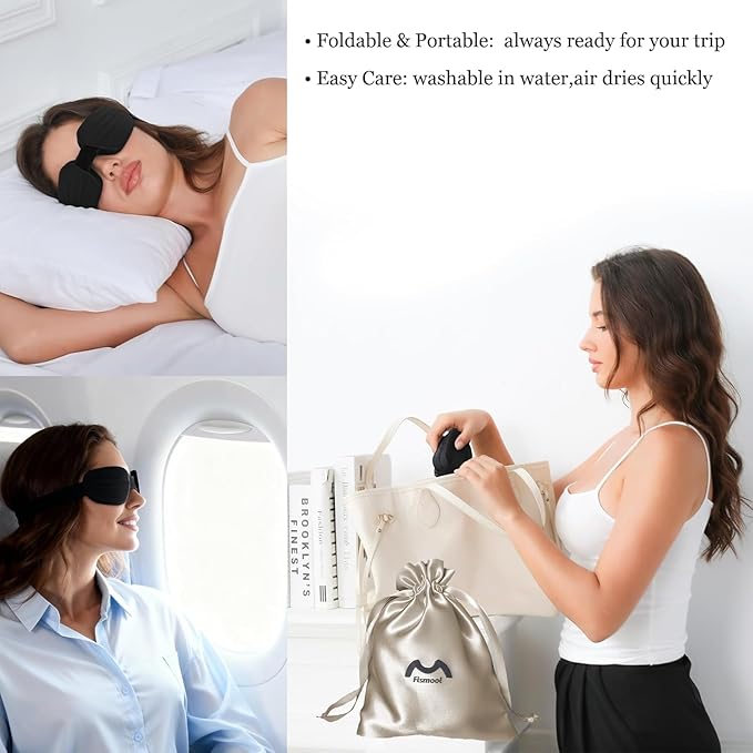 Fismool 100% Blackout Sleep Eye Mask for Women Men, Zero Pressure Sleeping Mask - Sleeping Mask and Eyelash Friendly Night Blindfold, Adjustable Ultra Soft Comfortable for Dry Eye Mask (Black)
